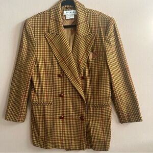 Portara Wool Double Breasted Checkered Brown Vintage Blazer 70s 80s Size 14